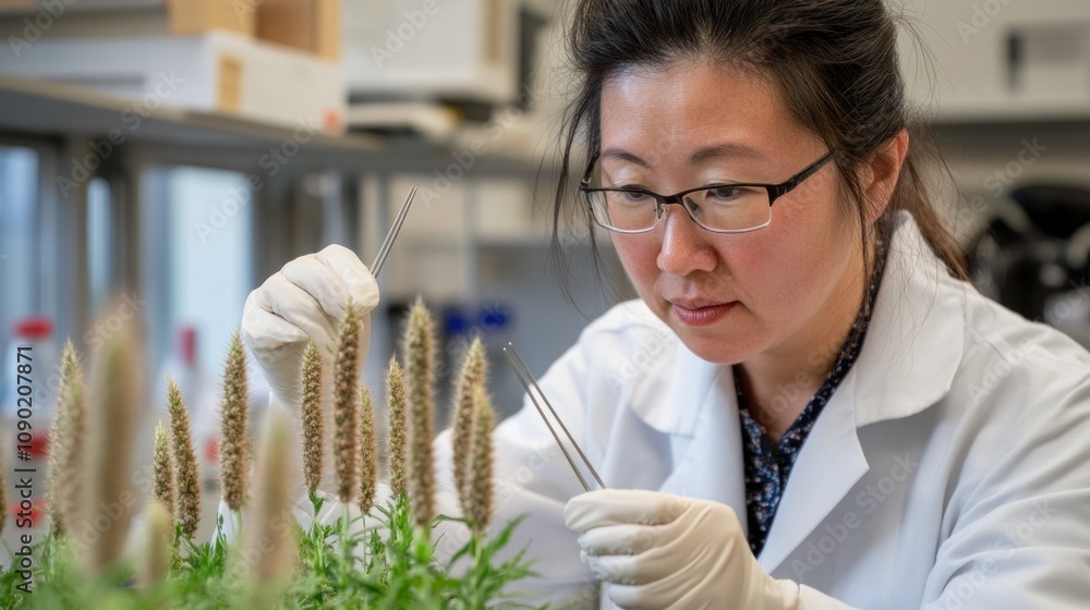 Poster a scientist examining plants in a laboratory setting.