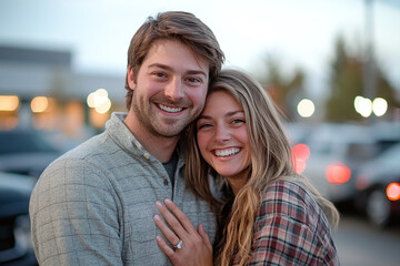 Obraz premium A couple beaming with joy after selecting their first car, with the dealership in the background.