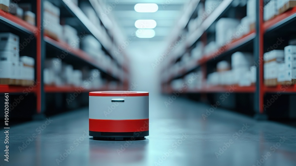 Aufkleber automated store and e-commerce concept. a small robotic device navigates a warehouse aisle, surround