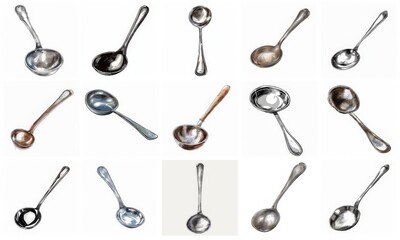 Naklejka premium various kinds of ladles, kitchen appliances set in color style, ladles set in color style