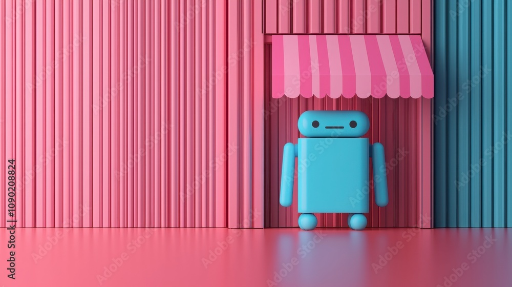 Poster automated store and e-commerce concept. a cute blue robot stands under a striped pink awning, set ag