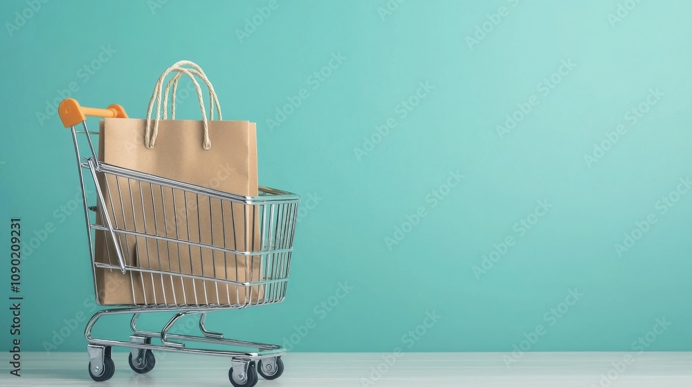 Poster automated store and e-commerce concept. a shopping cart with a paper bag rests against a teal backgr