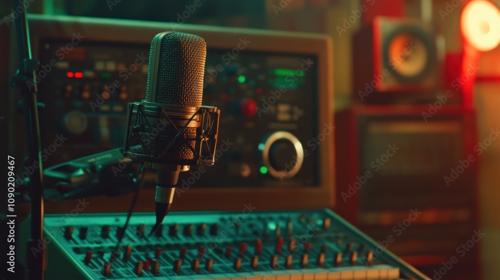 Aufkleber A microphone positioned in front of a music production setup with various controls and lights.