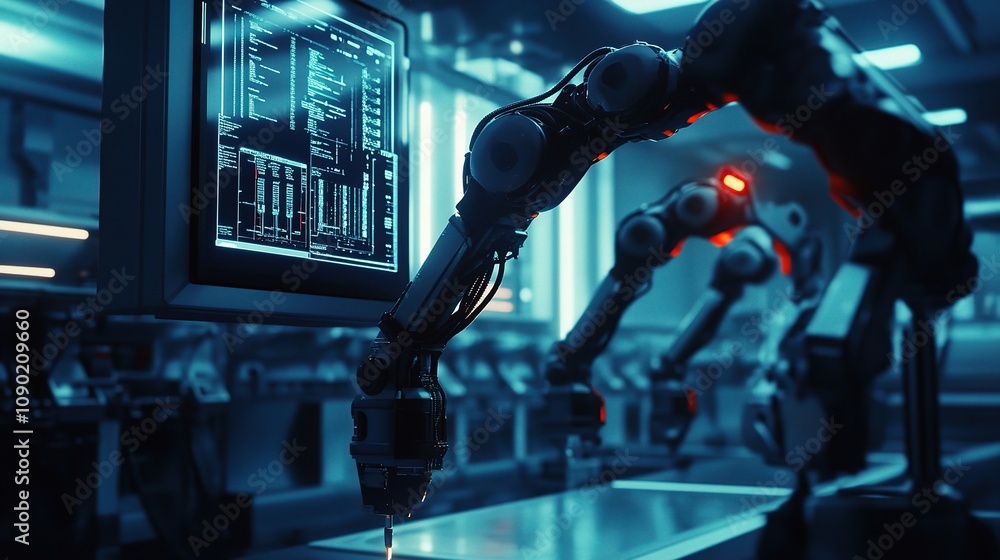 Poster futuristic industrial robotics arms operating in a high-tech environment with advanced interfaces an