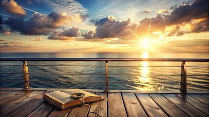 Fototapeta premium Open Book and Antique Compass Resting on a Wooden Deck at Sunset Over the Ocean