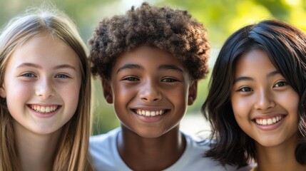 Closeup of three young people, a white girl with straight hair and a joyful smile, a Black boy with curly hair and a playful grin
