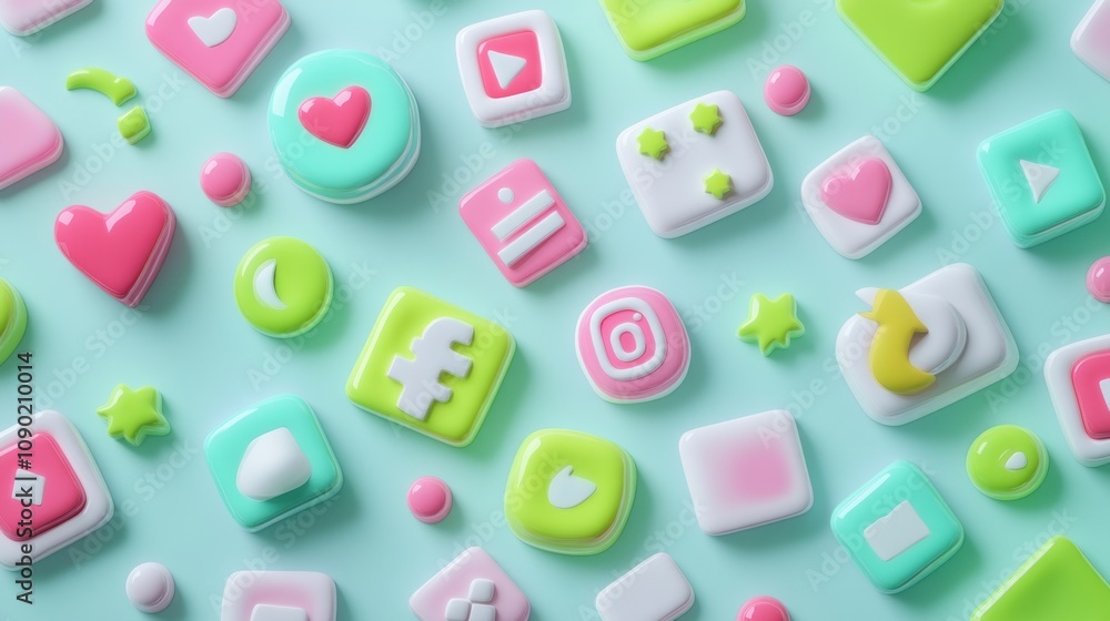Poster a colorful arrangement of social media and app icons in playful designs.