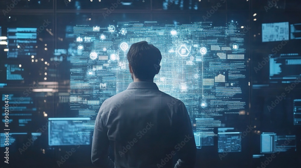 Poster professional it consultant presenting innovative cloud solutions in a modern digital workspace with 