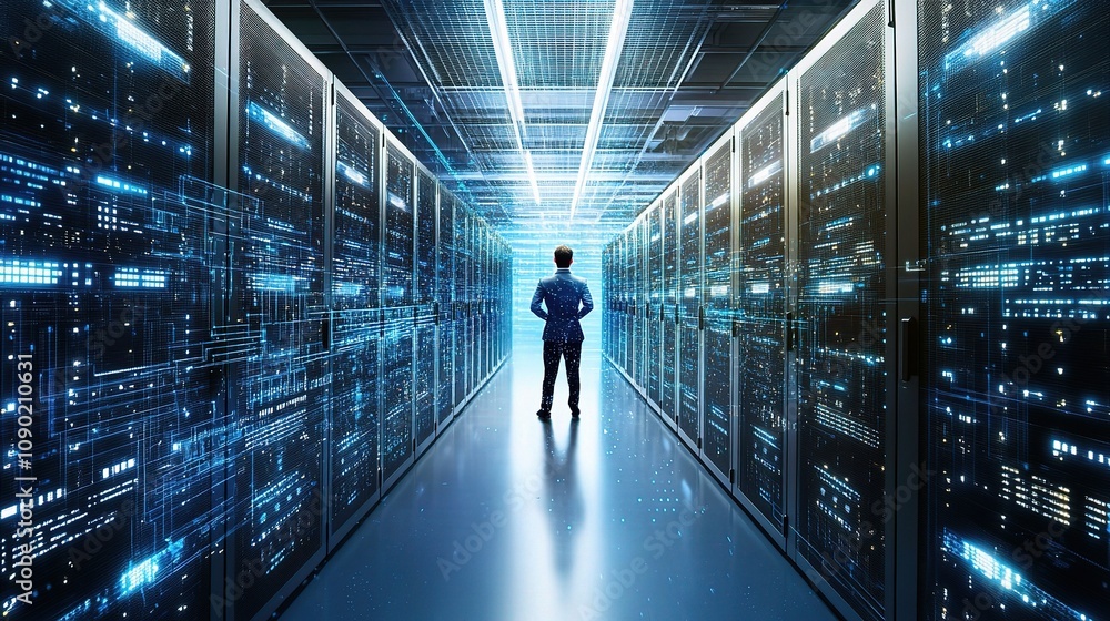 Poster it expert monitoring security systems in a high-tech data center with advanced technology and multip