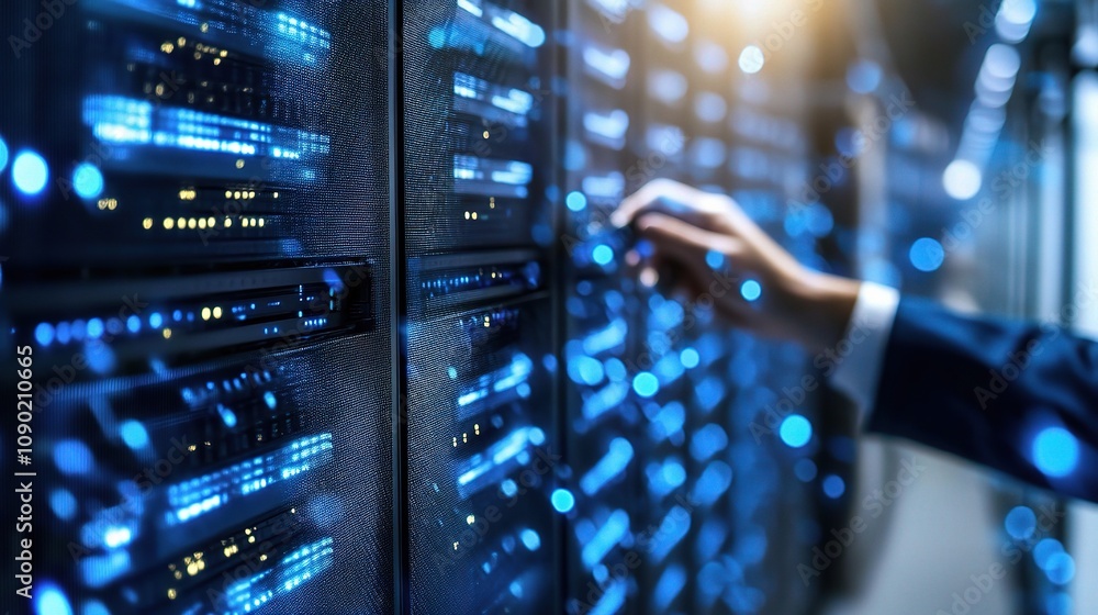Poster it expert monitoring security systems on multiple server racks with advanced technology for enhanced