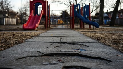 Cracked sidewalks and neglected playgrounds in a rundown neighborhood, Depicting urban decay amidst neglected infrastructure, photography style