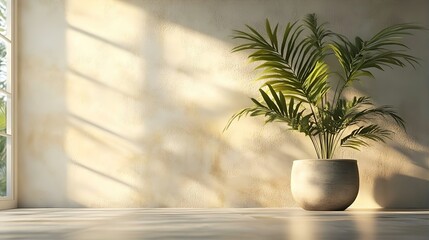 Fototapeta premium A serene, sunlit interior scene showcasing a large, lush palm plant in a muted gray pot