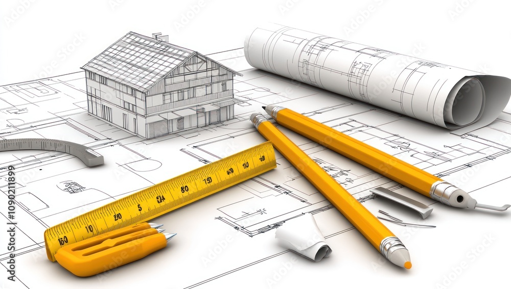 Poster a collection of architectural tools and a house model on blueprints for design purposes.