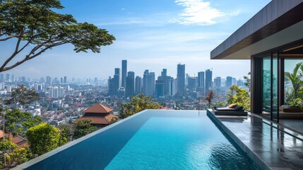 Fototapeta premium Modern Luxury Villa with Infinity Pool Overlooking Urban Skyline and Lush Landscapes in a Vibrant City during Clear Blue Sky Daytime