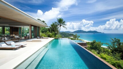 Fototapeta premium Serene Tropical Oasis with Infinity Pool Overlooking Azure Ocean and Lush Greenery in a Luxurious Modern Villa Setting Under a Bright Blue Sky