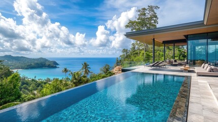 Fototapeta premium Modern Luxury Villa With Infinity Pool Overlooking Tropical Beach and Stunning Ocean View Surrounded by Lush Greenery and Clear Blue Sky