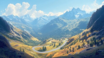 Fototapeta premium Stunning Scenic View of a Winding Road through Majestic Mountains and Lush Green Valley under a Bright Blue Sky with Fluffy Clouds