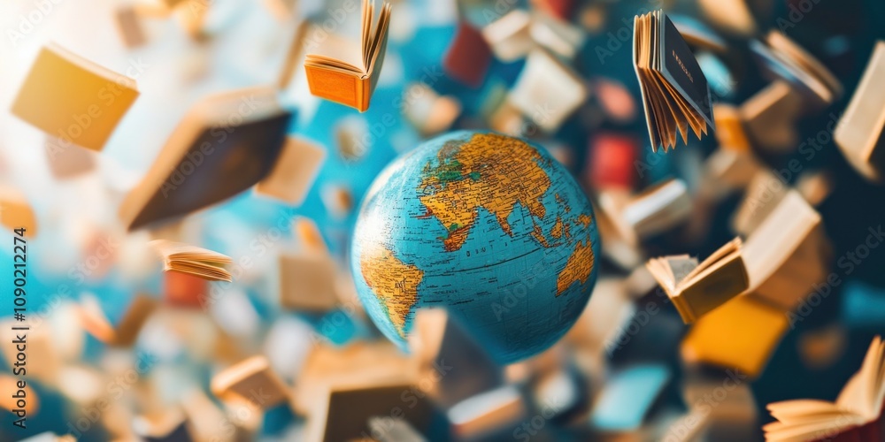 Aufkleber A globe surrounded by floating books, symbolizing knowledge and exploration.