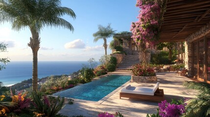 Fototapeta premium Tranquil Coastal Retreat with Lush Tropical Gardens and Inviting Pool Overlooking Scenic Ocean Views at Sunset in a Luxurious Resort Environment