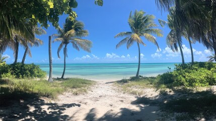 Obraz premium Serene Tropical Beach with Palm Trees and Crystal Clear Waters Under Bright Blue Sky in a Tranquil Environment Perfect for Vacation and Relaxation