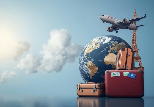 Suitcases, an airplane, the Eiffel Tower, and a globe against a blue sky with white clouds for a travel concept.