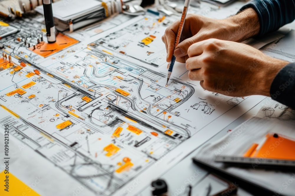 Poster A person sketches on a detailed technical blueprint or map, highlighting various elements.