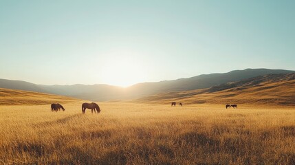Naklejka premium Majestic Horses Grazing in the Golden Fields Underneath a Clear Sky at Sunset, Surrounded by Lush Mountains and Tranquil Landscapes