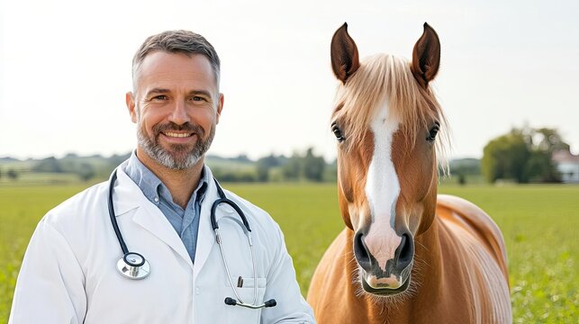 A cheerful veterinarian poses with a beautiful horse in a sunny field. The bond between human and animal reflects trust and care in veterinary practice.