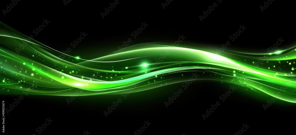 Poster abstract green wave design with glowing elements on a black background.