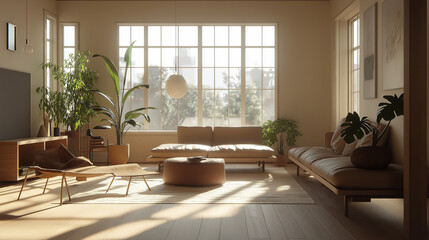Fototapeta premium Minimalist living room with a mix of soft textures and modern furniture - Neutral tones, clean lines, airy feeling, potted plants, large windows for natural light