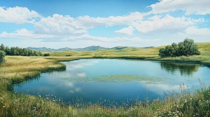 Serene Landscape with Calm Water Body Under a Bright Blue Sky, Surrounded by Lush Green Fields and Gentle Hills in the Background