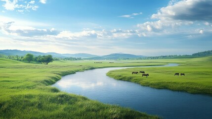 Vast Green Pasture with Serene River and Cattle Grazing Under a Bright Sky in a Picturesque Landscape