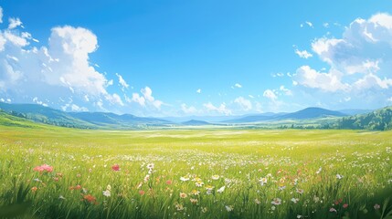 Vibrant Meadow Landscape Under a Blue Sky with Fluffy Clouds, Expansive Green Field Filled with Wildflowers and Majestic Mountains in the Background