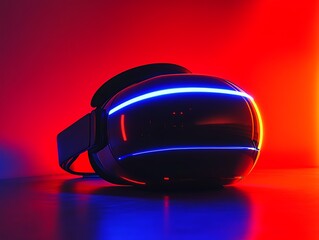 A high-definition photo of a futuristic VR headset, illuminated by vibrant neon red and blue lights. 