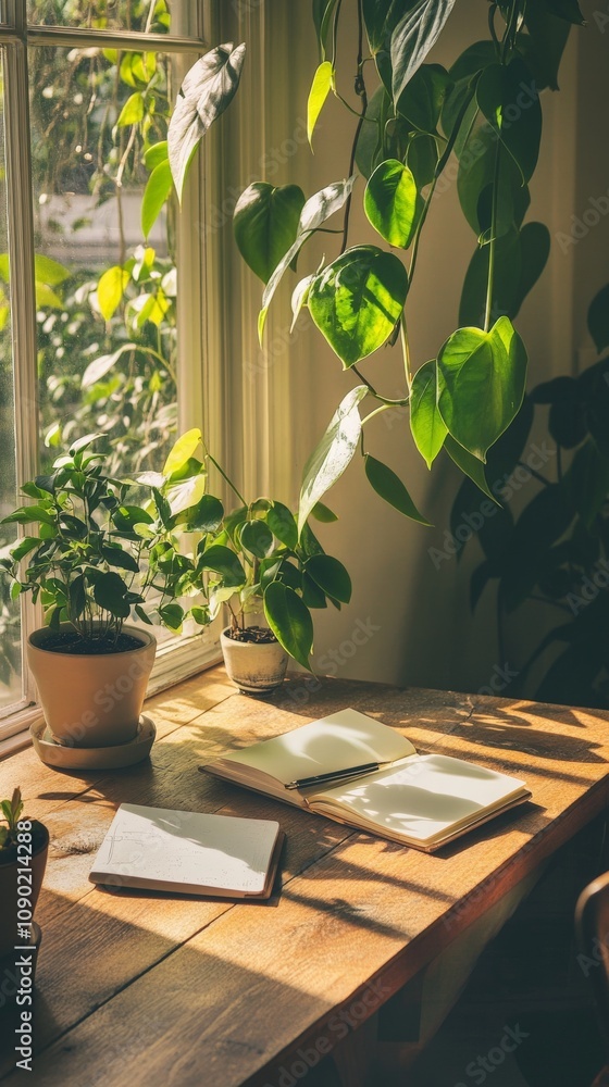 Poster sunlight illuminates a desk with open notebooks.