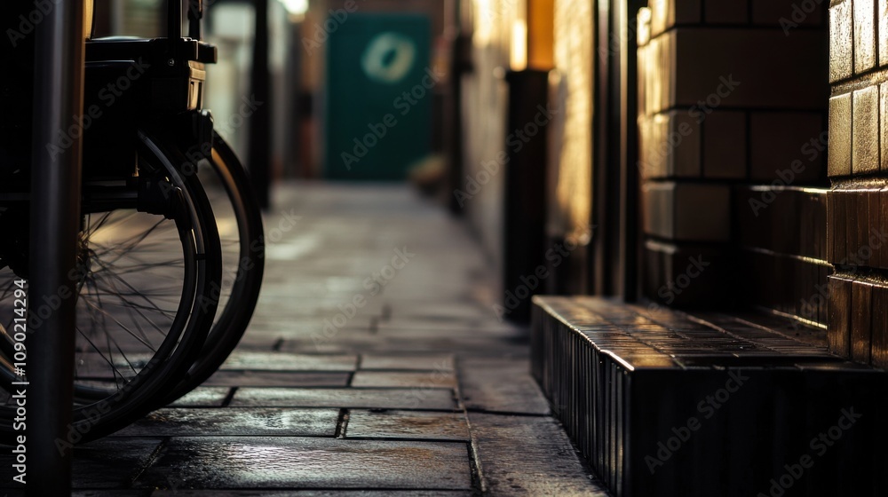 Poster Disability inclusion in public spaces, Illustrating accessibility features in urban infrastructure, photography style