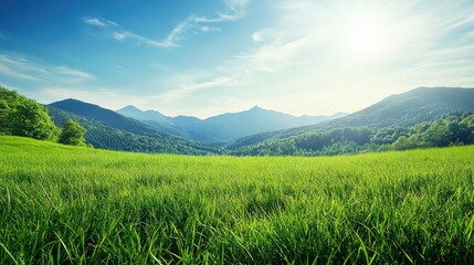 Fototapeta premium Lush Green Meadow Under Bright Blue Sky with Majestic Mountains in the Background on a Sunny Day, Perfect for Nature Lovers and Outdoor Enthusiasts