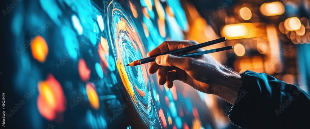 Poster a hand drawing a colorful spiral design on a canvas, blending art and creativity.
