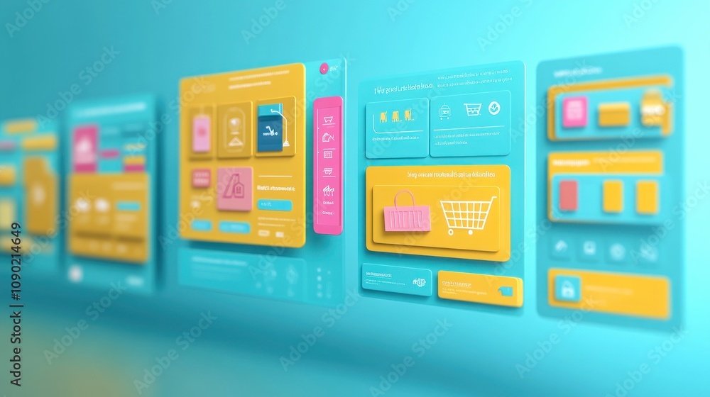 Poster A colorful digital interface design showcasing e-commerce features and functionalities.