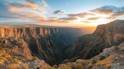 Fototapeta premium Breathtaking View of Dramatic Canyon Landscape at Sunset with Golden Light Casting Shadows on Rocky Cliffs and Vast Sky in the Background