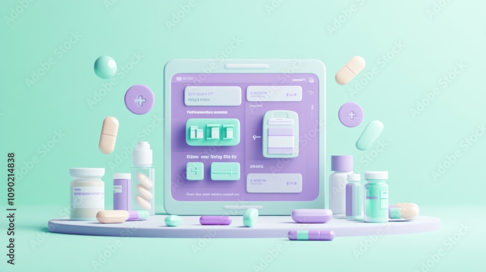 Poster A digital display showcasing various medications and health-related items in a pastel color scheme.