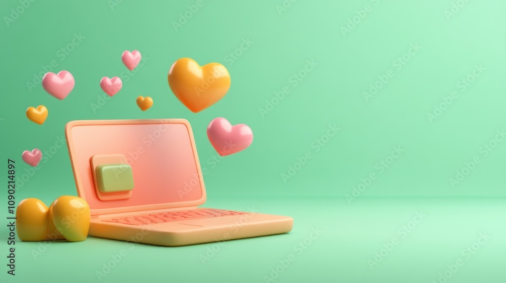 Poster a playful laptop with colorful hearts, symbolizing love and connection in a digital world.