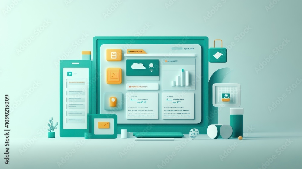 Poster A digital workspace featuring devices and data management tools in a modern design.