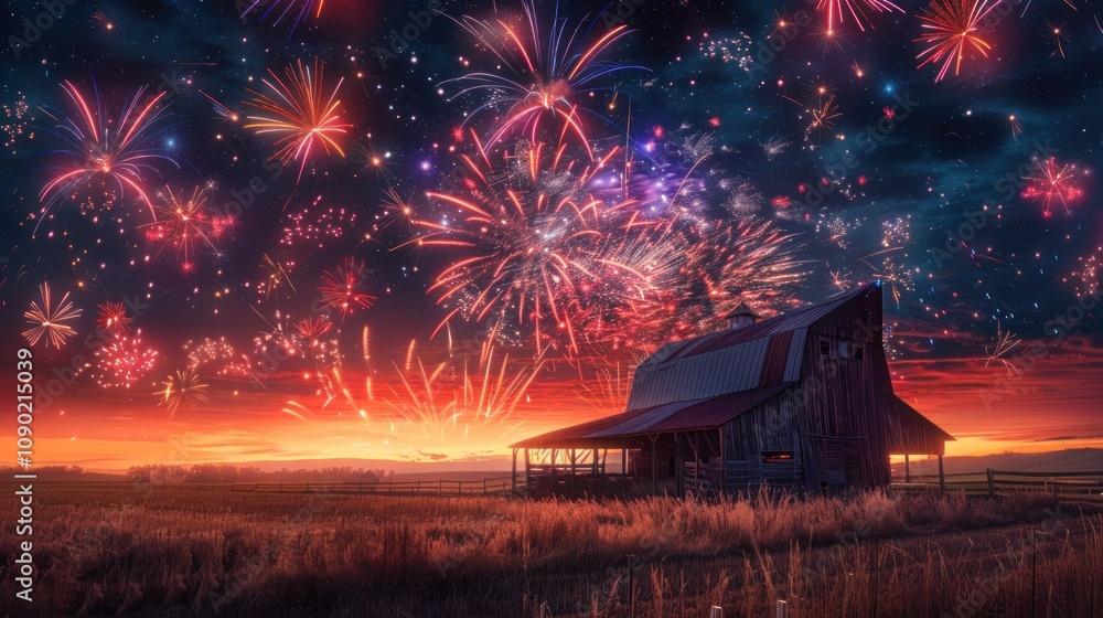 Poster a red barn sits in a field at sunset with a colorful fireworks display in the sky.