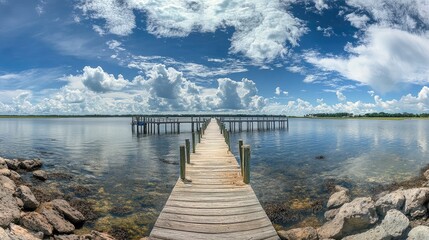 Fototapeta premium Serene Waterway with Wooden Dock Under Dramatic Cloudy Sky, Capturing the Tranquility of Nature in a Panoramic View of Calm Waters