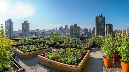 Fototapeta premium Expansive Urban Rooftop Garden Overlooking Skyline with Lush Greenery and Vibrant Flowers in Modern City Environment