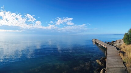 Obraz premium Tranquil Seascape with Pier and Clear Blue Sky, Serene Water Reflections and Lush Natural Surroundings Capturing the Beauty of Coastal Landscapes