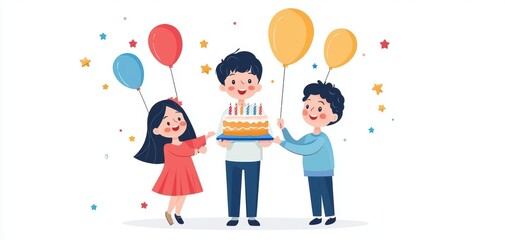 Fototapeta premium Joyful kids celebrating a birthday with balloons and a cake, capturing happiness and childhood fun.