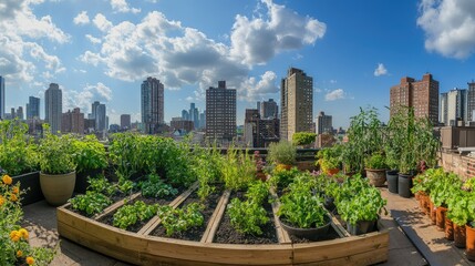 Fototapeta premium Lush Rooftop Garden with Vibrant Plants Overlooking a City Skyline Under Bright Blue Sky and Fluffy Clouds on a Sunny Day