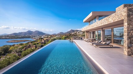 Fototapeta premium Modern luxury villa with an infinity pool overlooking a stunning coastal landscape and mountains while reflecting blue skies in a serene vacation paradise